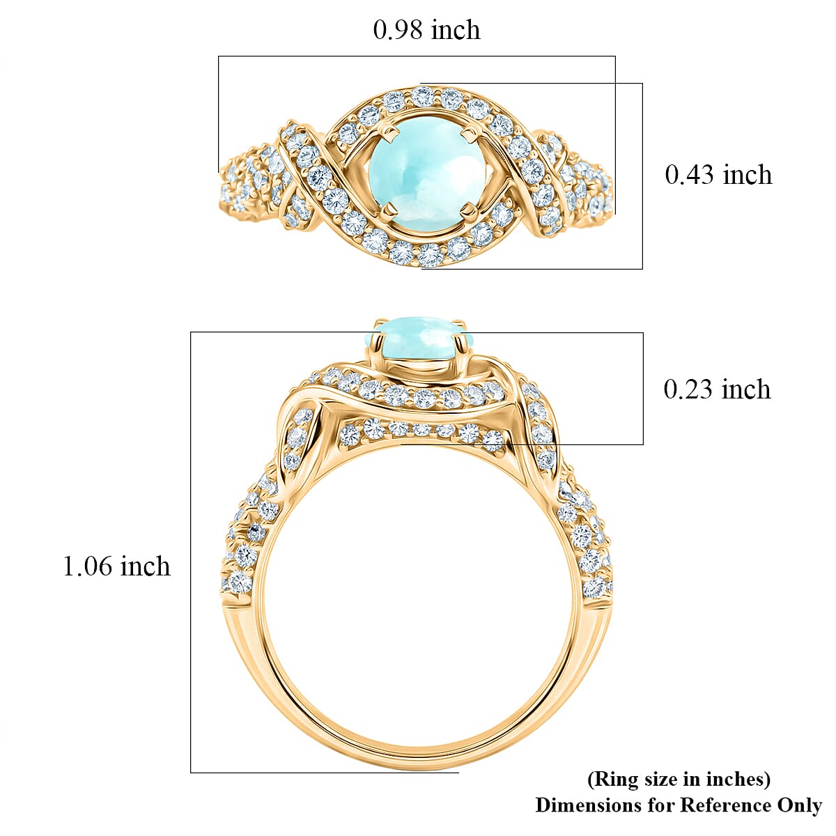 Larimar and Simulated Diamond 1.65 ctw Ring in 14K YG Over Sterling Silver (Size 7.0)