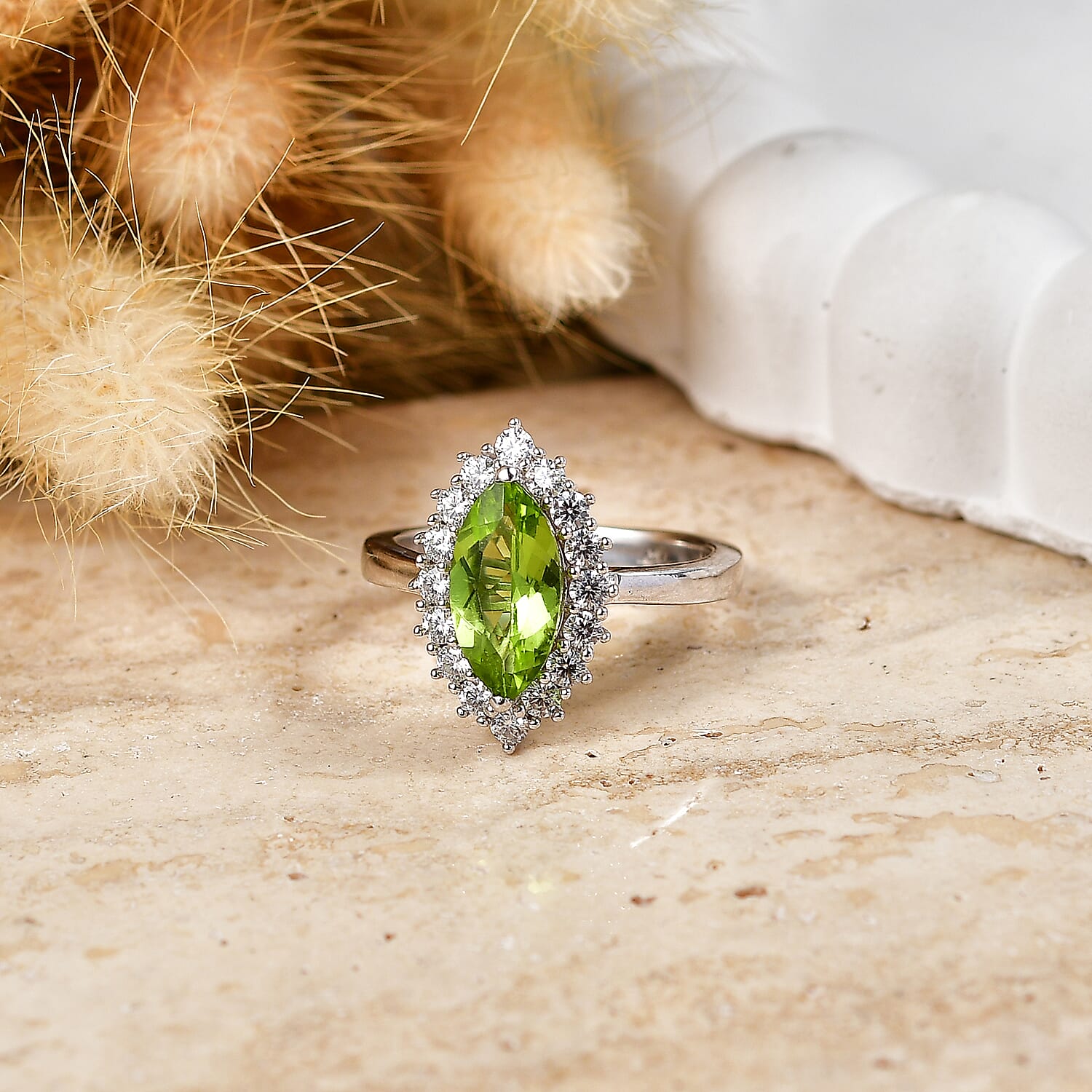 EverTrue Hebei Peridot and Moissanite 2.50 ctw Shine Sunshadow Ring in Platinum Bond (Size 5.0)