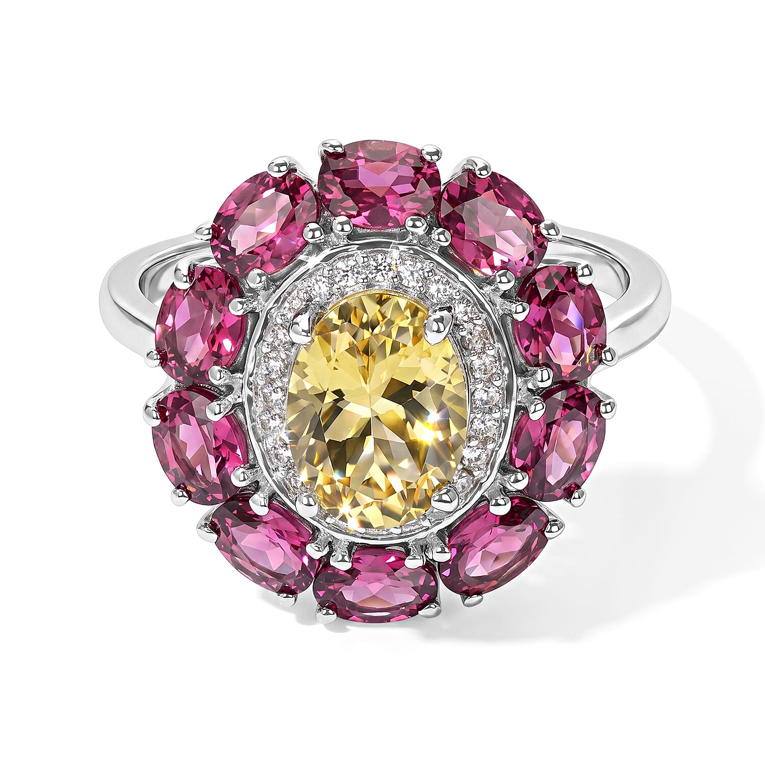 D'Joy Brazilian Sunfire Beryl and Multi Gemstone 3.50 ctw Ring in Platinum Over Sterling Silver (Size 5.0)