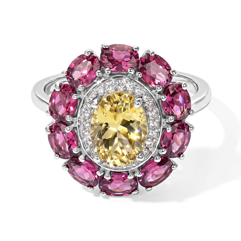 D'Joy Brazilian Sunfire Beryl and Multi Gemstone 3.50 ctw Ring in Platinum Over Sterling Silver (Size 5.0)