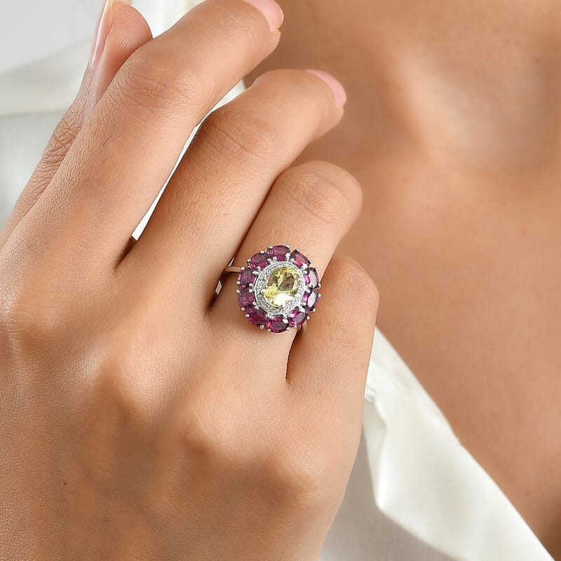 D'Joy Brazilian Sunfire Beryl and Multi Gemstone 3.50 ctw Ring in Platinum Over Sterling Silver (Size 5.0)