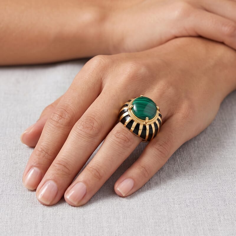 EverTrue African Malachite 11.60 ctw Men's Ring in 18K YG Plated (Size 10.0)