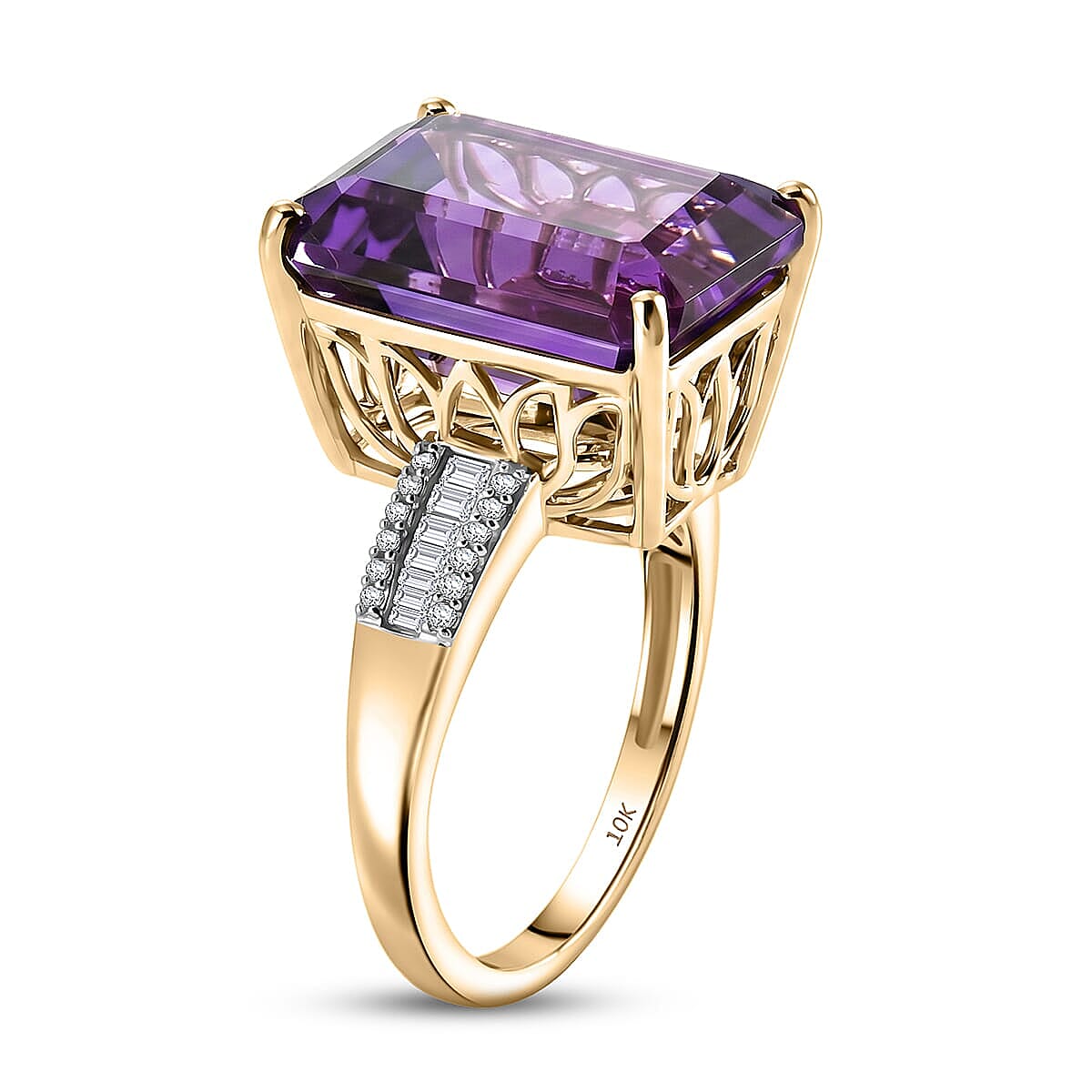 Luxoro AAA Moroccan Amethyst and Diamond I2 12.30 ctw Royal Hall Ring in 10K Yellow Gold (Size  10.0) 4.20 Grams image number 3