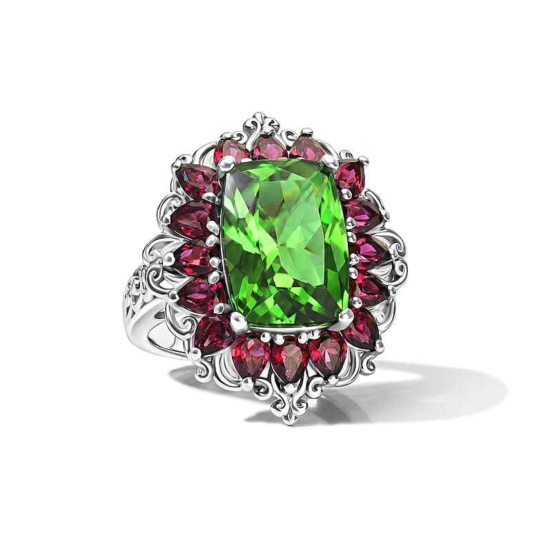 EverTrue Chartreuse Quartz (Triplet) and Orissa Rose Garnet 10.35 ctw Hidden Petals Ring in Platinum Bond (Size 6.0)