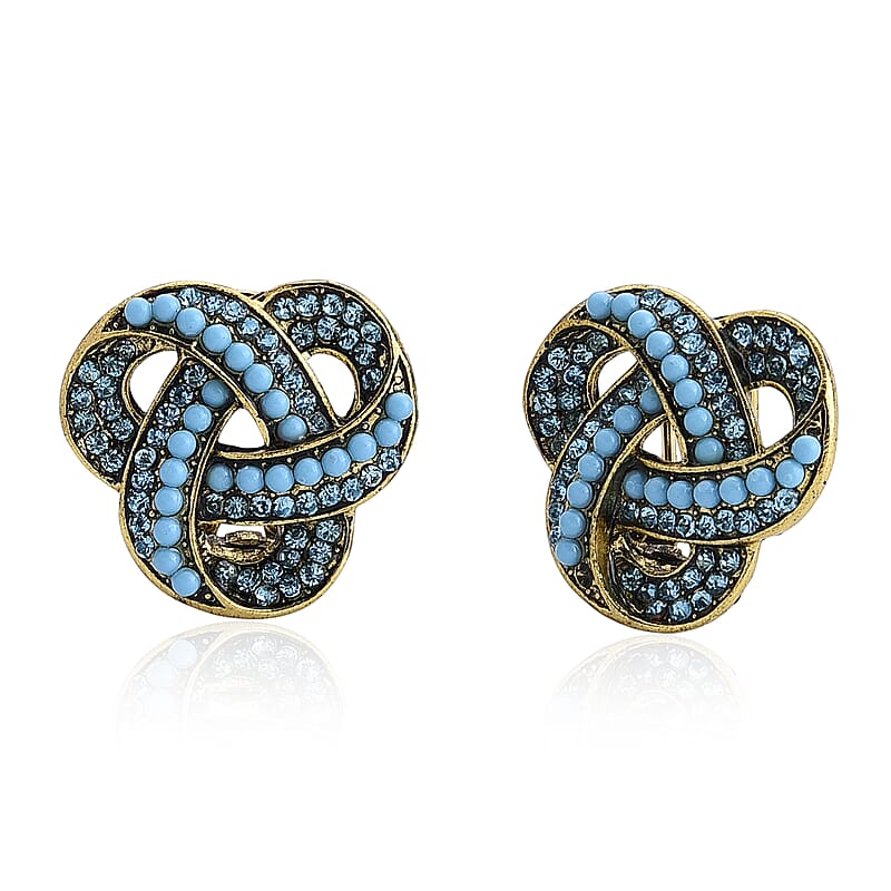 Blue Howlite and Austrian Blue Crystal Earrings in Goldtone