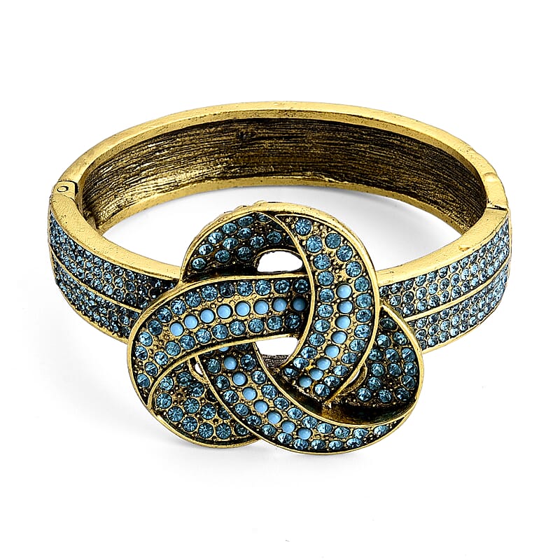 Blue Howlite and Austrian Blue Crystal Bangle Bracelet in Goldtone (7.25 In)