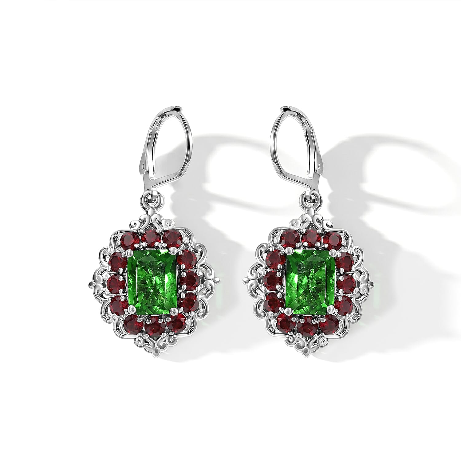EverTrue Chartreuse Quartz (Triplet) and Orissa Rose Garnet 7.15 ctw Lever Back Hidden Petals Earrings in Platinum Bond