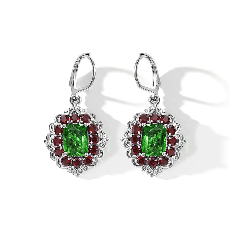 EverTrue Chartreuse Quartz (Triplet) and Orissa Rose Garnet 7.15 ctw Lever Back Hidden Petals Earrings in Platinum Bond