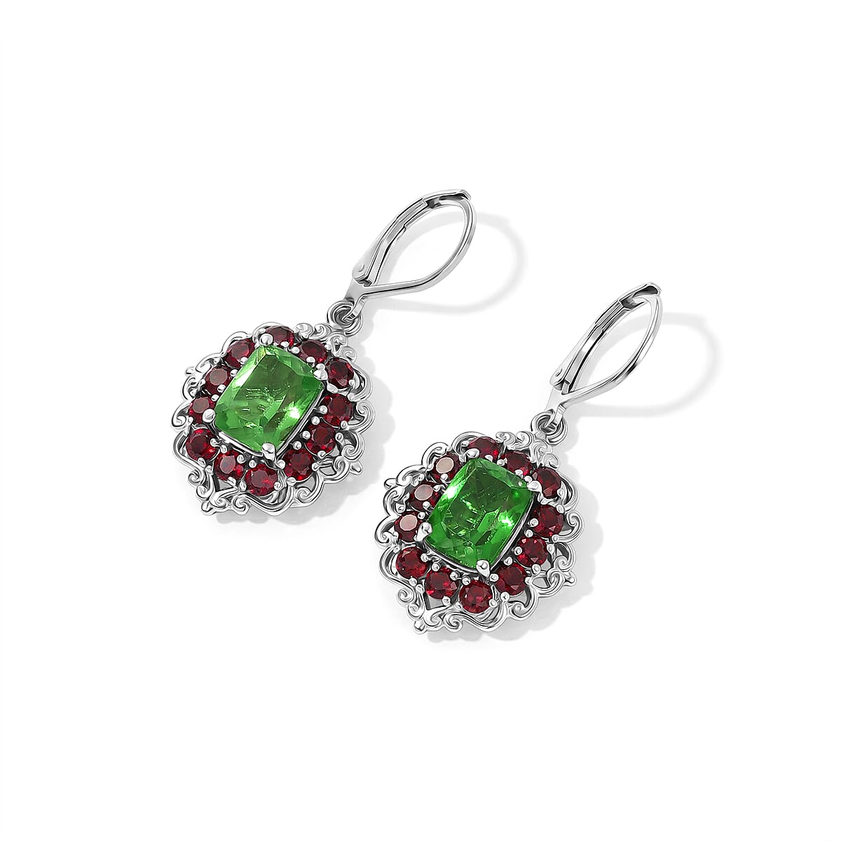 EverTrue Chartreuse Quartz (Triplet) and Orissa Rose Garnet 7.15 ctw Lever Back Hidden Petals Earrings in Platinum Bond (Ships in 10-12 Days) image number 3