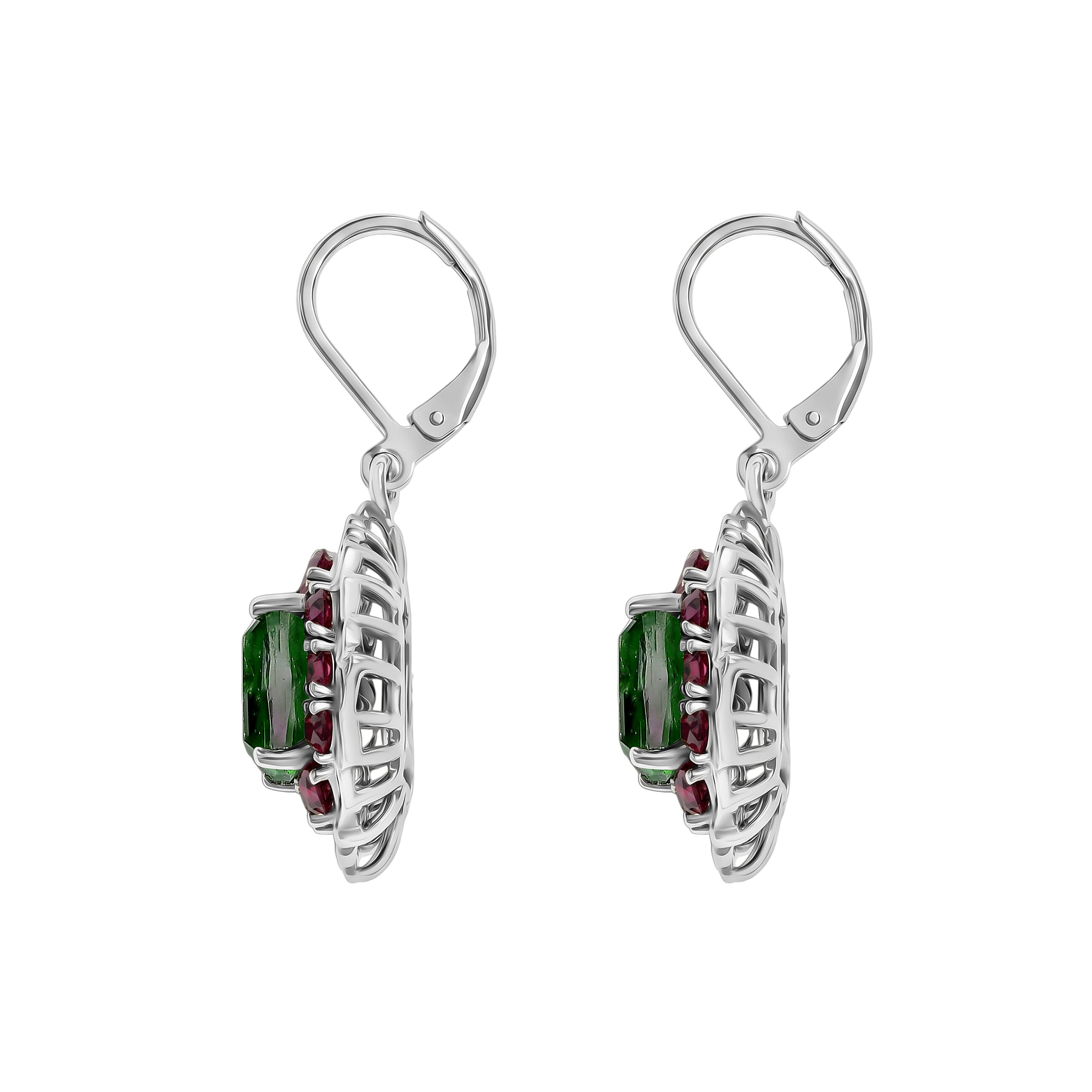 EverTrue Chartreuse Quartz (Triplet) and Orissa Rose Garnet 7.15 ctw Lever Back Hidden Petals Earrings in Platinum Bond