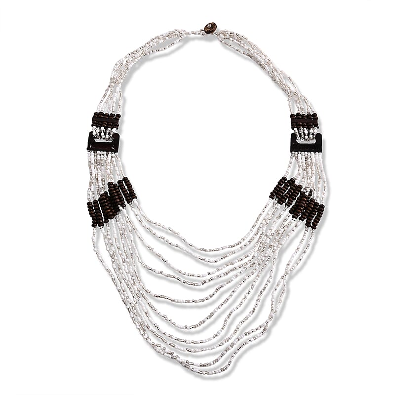 Multistrand Seed Bead Necklace with Wood as Linking and Toggle Lock 24 Inches