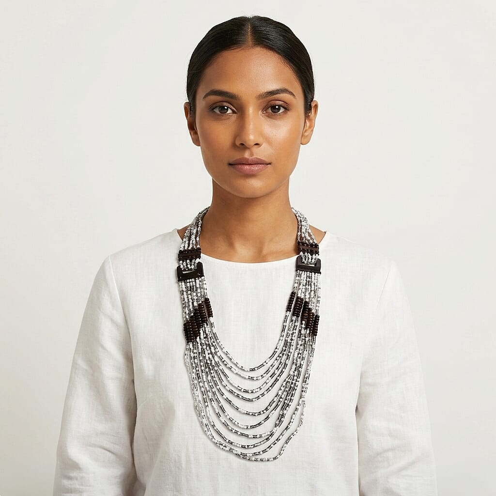 Multistrand Seed Bead Necklace with Wood as Linking and Toggle Lock 24 Inches