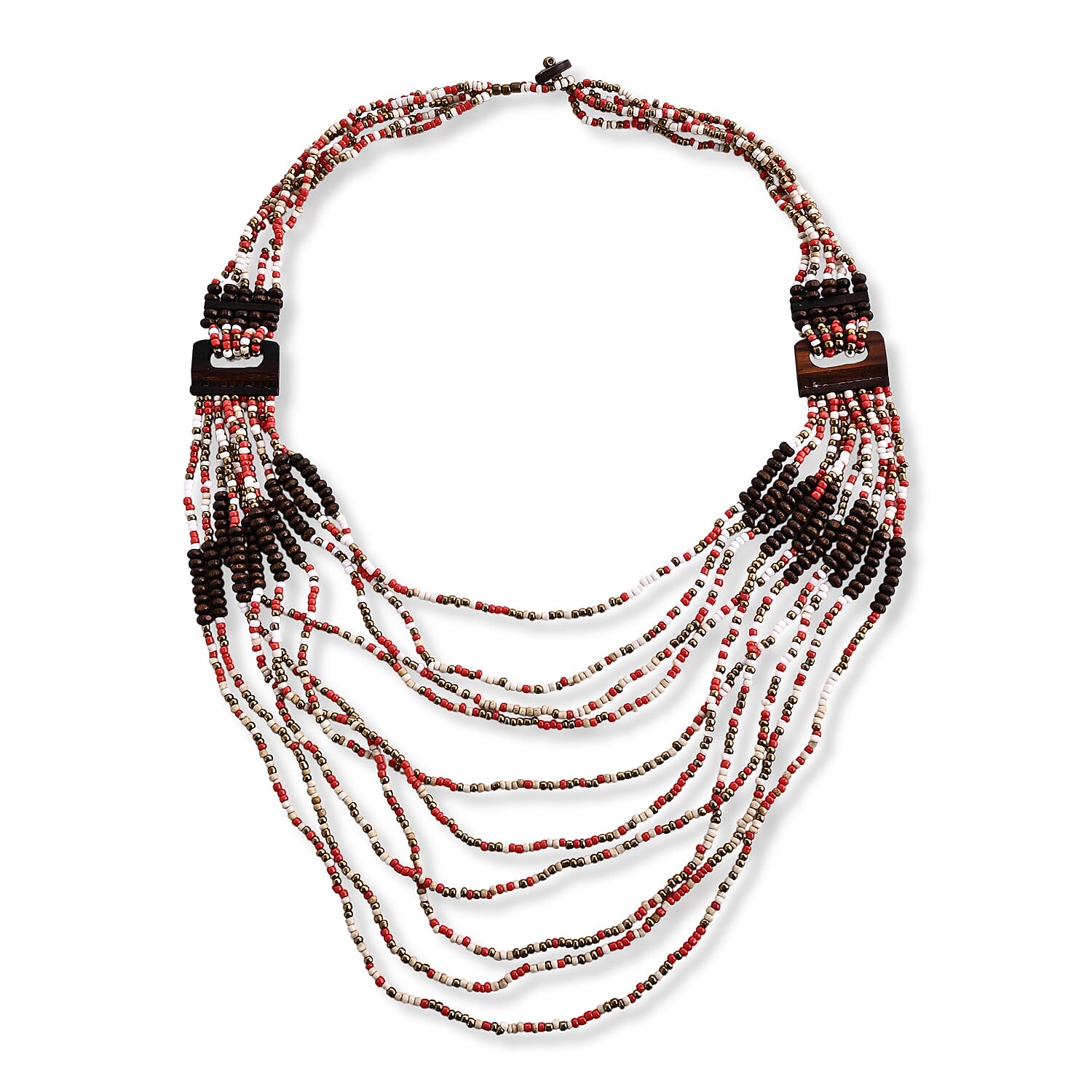 Multistrand Seed Bead Necklace with Wood as Linking and Toggle Lock 24 Inches