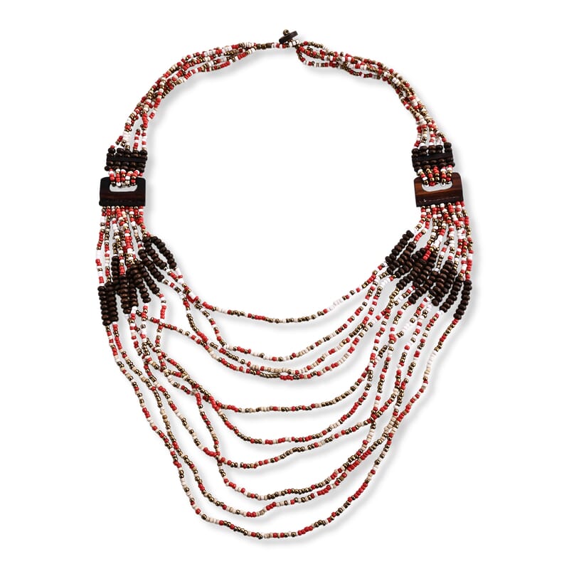 Multistrand Seed Bead Necklace with Wood as Linking and Toggle Lock 24 Inches