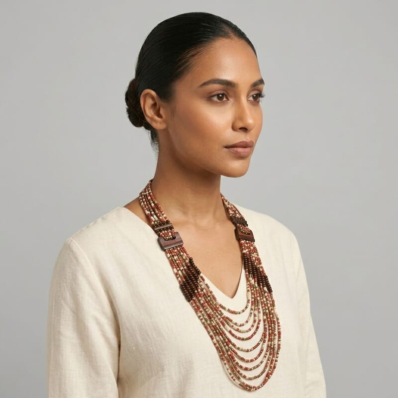 Multistrand Seed Bead Necklace with Wood as Linking and Toggle Lock 24 Inches