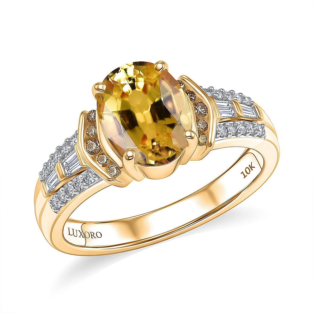 SGL Certified Luxoro 10K Yellow Gold AAA Yellow Sapphire, Natural Yellow Diamond and White Diamond (I2) (0.35 cts) Ring (Size 5.0) 2.60 ctw