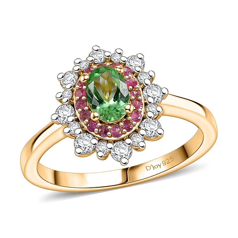 D'Joy Premium Tsavorite Garnet and Multi Gemstone 1.10 ctw Royal Blossom Ring in 18K Vermeil Yellow Gold Over Sterling Silver (Size 5.0)