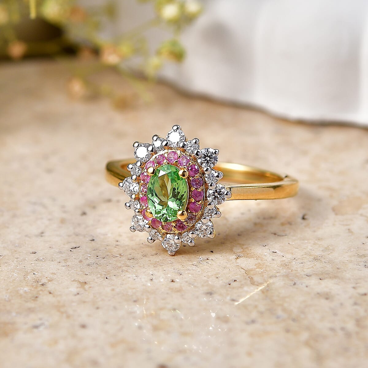 D'Joy Premium Tsavorite Garnet and Multi Gemstone 1.10 ctw Royal Blossom Ring in 18K Vermeil Yellow Gold Over Sterling Silver (Size 7.0) image number 1