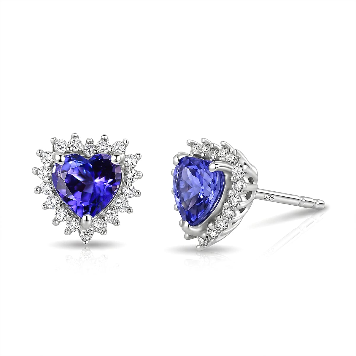 D'Joy Premium Tanzanite and Moissanite 1.90 ctw Heart Stud Earrings in Rhodium Over Sterling Silver