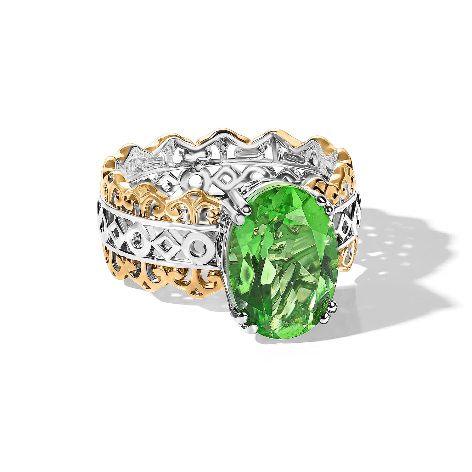 EverTrue Chartreuse Quartz (Triplet) 6.00 ctw Forest Crown Ring in 18K YG Plated and Platinum Bond (Size 5.0)