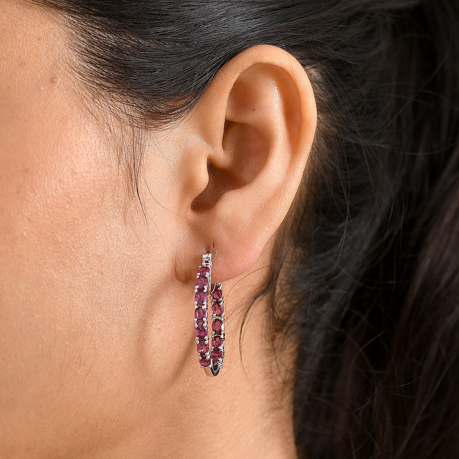 EverTrue Orissa Rhodolite Garnet 5.00 ctw Timeless Hoop Earrings in Platinum Bond