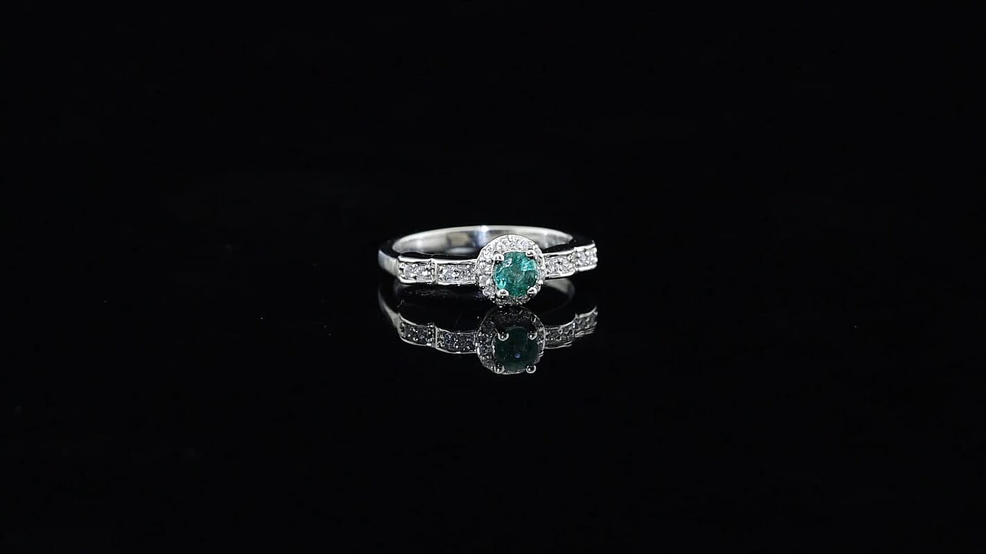 D''Joy Kagem Zambian Emerald, White Zircon Ring in Rhodium Over Sterling Silver (Size 10.0) 0.50 ctw