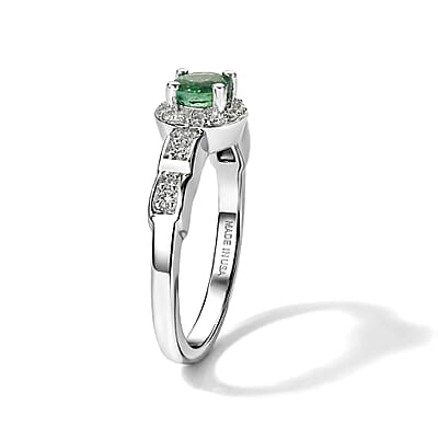 D'Joy Kagem Zambian Emerald and White Zircon 0.50 ctw Ring in Rhodium Over Sterling Silver (Size 6.0)