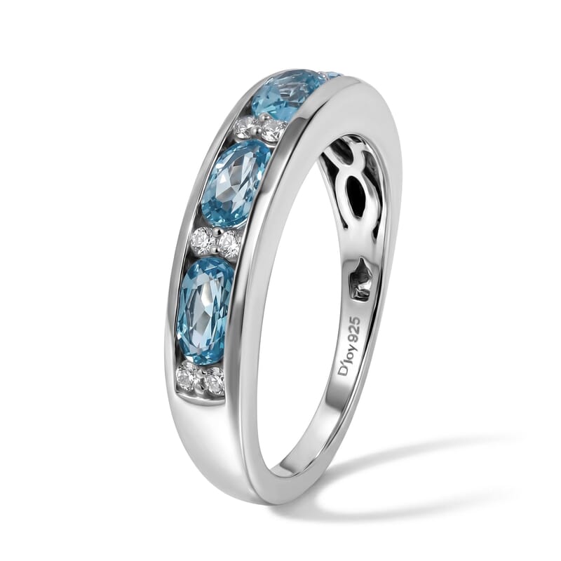 D'Joy Swiss Blue Topaz and White Zircon 1.30 ctw Ring in Rhodium Over Sterling Silver (Size 6.0)