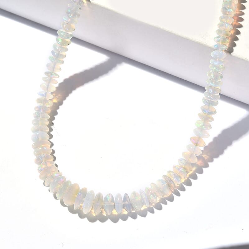 Certified & Appraised Rhapsody AAAA Ethiopian Welo Opal 92.00 ctw Beaded Necklace in 950 Platinum 18 Inches