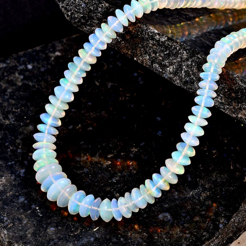 Certified & Appraised Rhapsody AAAA Ethiopian Welo Opal 92.00 ctw Beaded Necklace in 950 Platinum 18 Inches