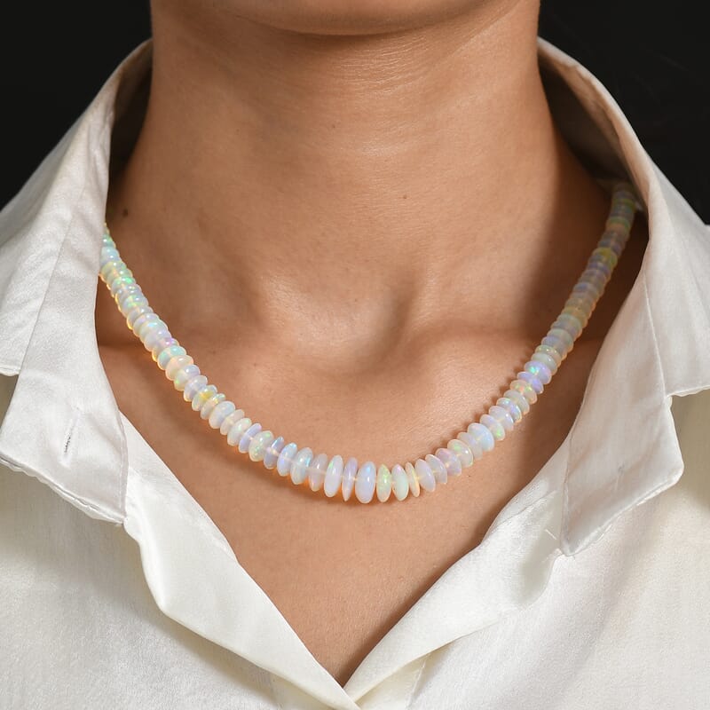 Certified & Appraised Rhapsody AAAA Ethiopian Welo Opal 92.00 ctw Beaded Necklace in 950 Platinum 18 Inches