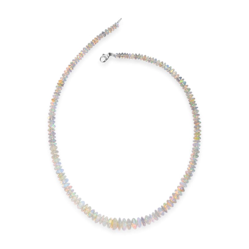Certified & Appraised Rhapsody AAAA Ethiopian Welo Opal 92.00 ctw Beaded Necklace in 950 Platinum 18 Inches