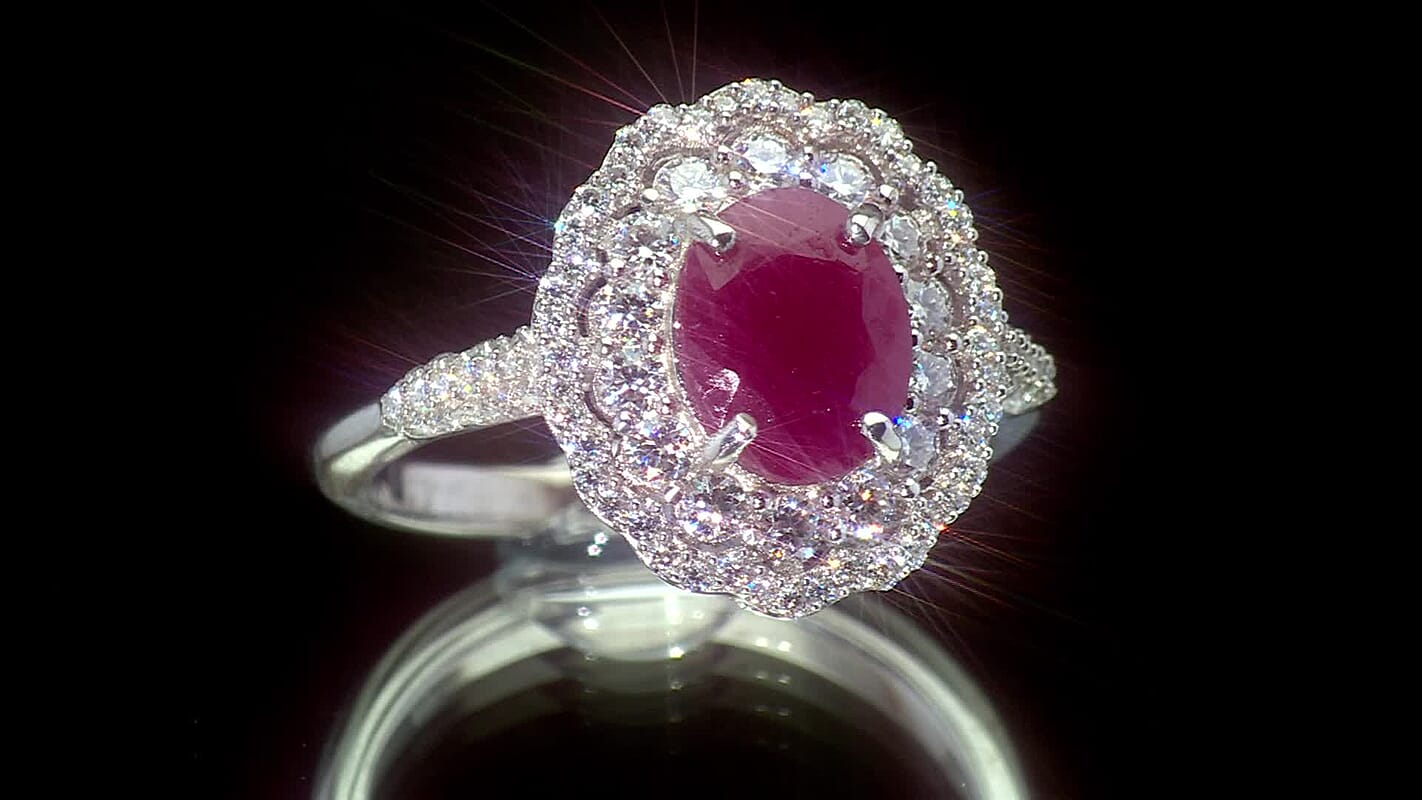 D'Joy Premium Natural Ruby, Moissanite Scarlet Halo Ring in Rhodium Over Sterling Silver (Size 10.0) (Ships in 10-12 Days) 3.20 ctw