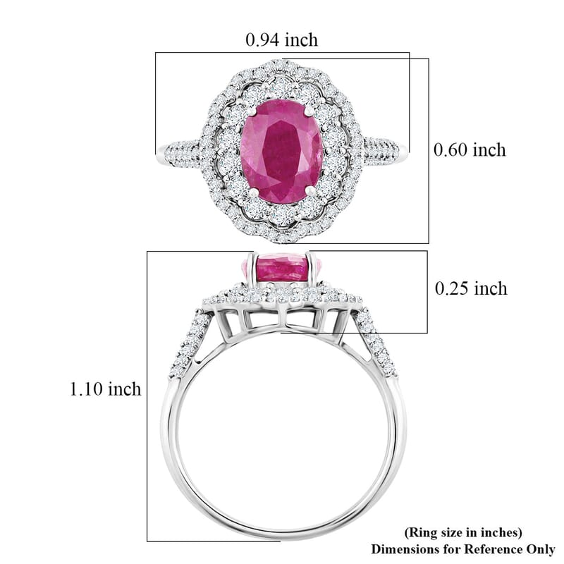 D'Joy Premium Natural Ruby and Moissanite 3.20 ctw Scarlet Halo Ring in Rhodium Over Sterling Silver (Size 8.0)