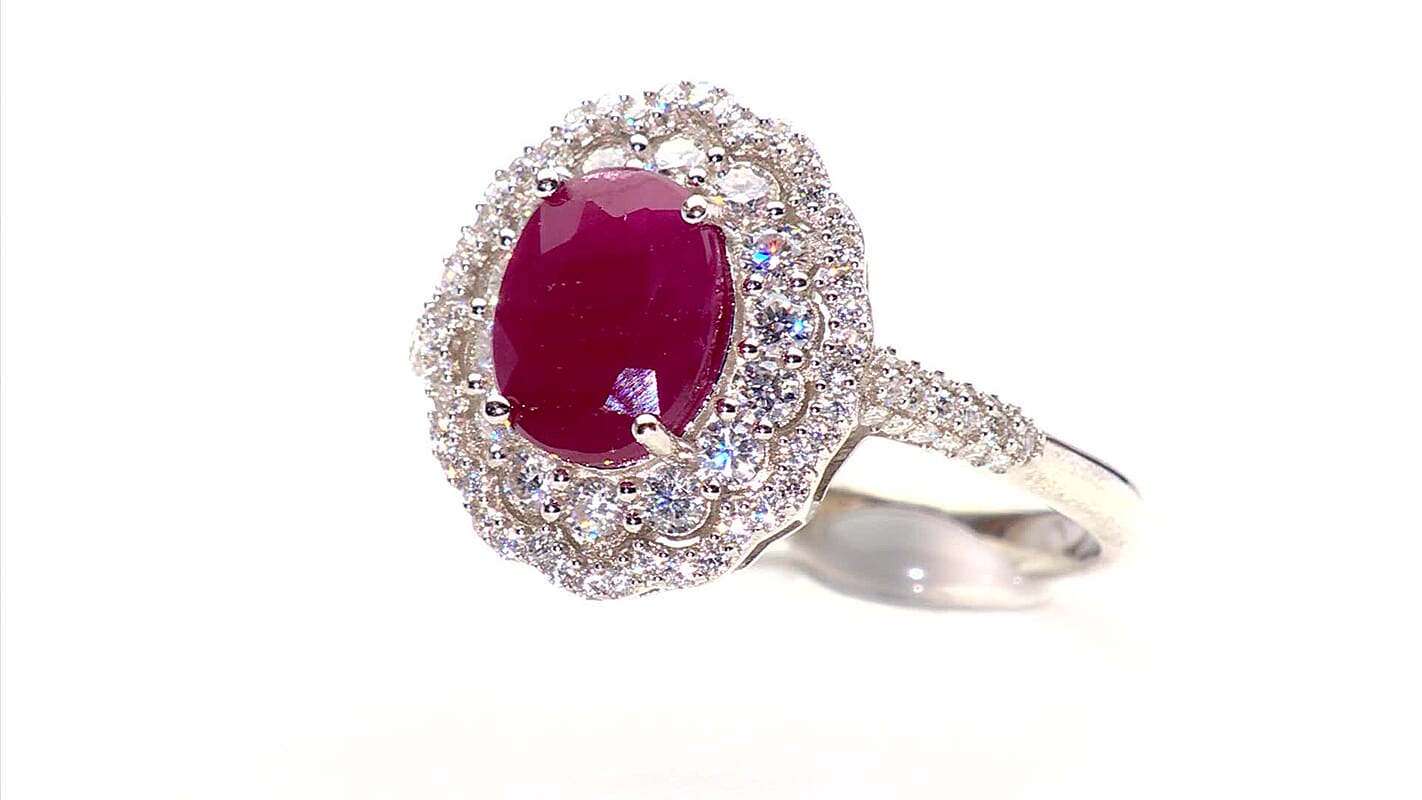 D'Joy Premium Natural Ruby, Moissanite Scarlet Halo Ring in Rhodium Over Sterling Silver (Size 10.0) (Ships in 10-12 Days) 3.20 ctw