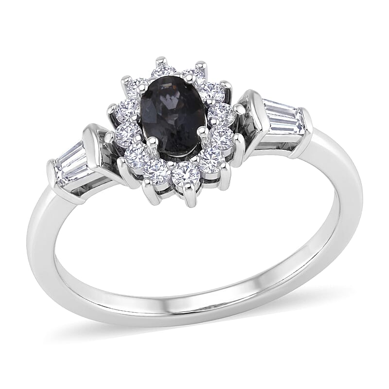 D'Joy Premium Australian Sapphire and Moissanite 1.00 ctw Crown Spark Ring in Rhodium Over Sterling Silver (Size 5.0)