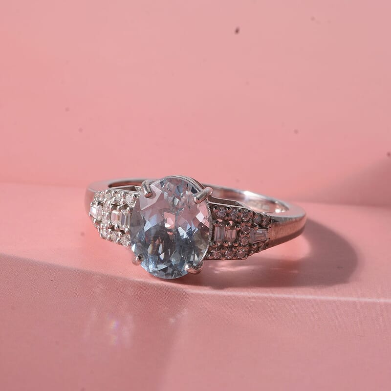 D'Joy AAA Mangoro Aquamarine, Moissanite Ring in Rhodium Over Sterling Silver (Size 5.0) 2.50 ctw