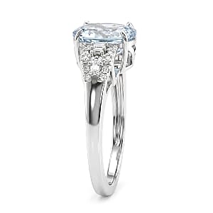 D'Joy AAA Mangoro Aquamarine, Moissanite Ring in Rhodium Over Sterling Silver (Size 5.0) 2.50 ctw