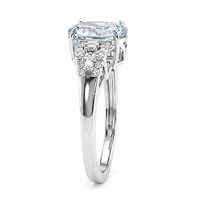 D'Joy AAA Mangoro Aquamarine, Moissanite Ring in Rhodium Over Sterling Silver (Size 5.0) 2.50 ctw