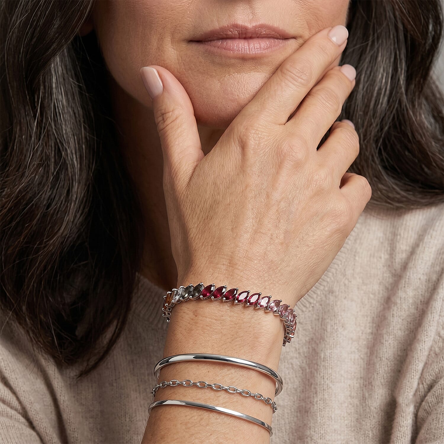 D'Joy Multi-Tourmaline 9.50 ctw Shades of Forever Bracelet in Rhodium Over Sterling Silver (6.50 In)