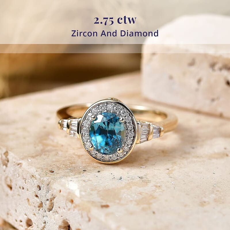 Luxoro AAA Cambodian Blue Zircon and Diamond I2 2.75 ctw Blue Radiance Halo Ring in 10K Yellow Gold (Size 5.0)