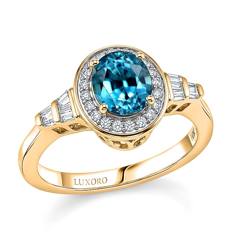 Luxoro AAA Cambodian Blue Zircon and Diamond I2 2.75 ctw Blue Radiance Halo Ring in 10K Yellow Gold (Size 6.0)