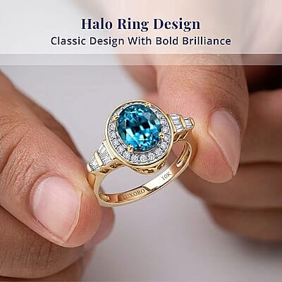 Luxoro AAA Cambodian Blue Zircon and Diamond I2 2.75 ctw Blue Radiance Halo Ring in 10K Yellow Gold (Size 6.0)