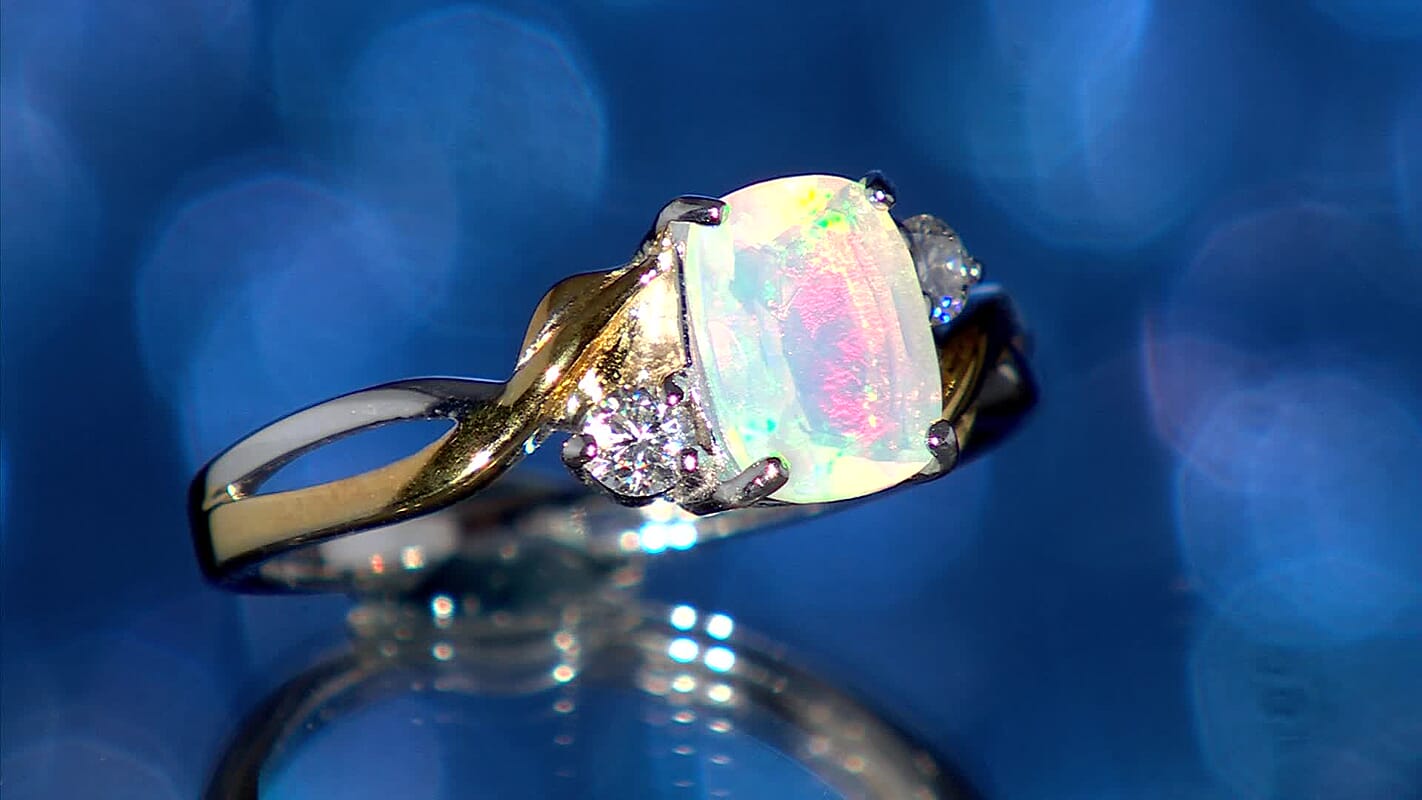 D'Joy Premium Ethiopian Welo Opal, Moissanite Ring in 14K YG Over Sterling Silver (Size 10.0) 1.00 ctw