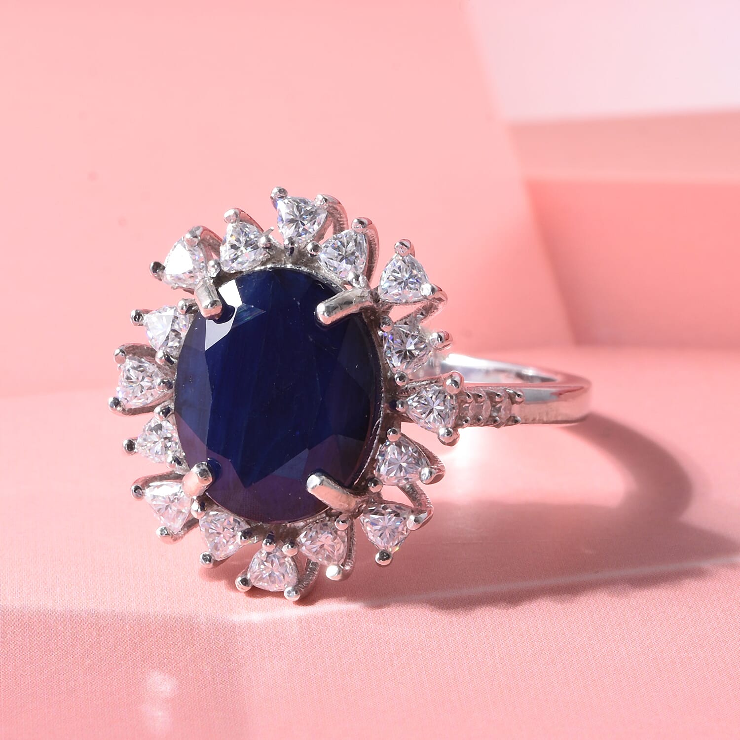 D'Joy Premium Kanchanaburi Blue Sapphire (DF) and Moissanite 8.25 ctw Sunburst Ring in Rhodium Over Sterling Silver (Size 9.0)