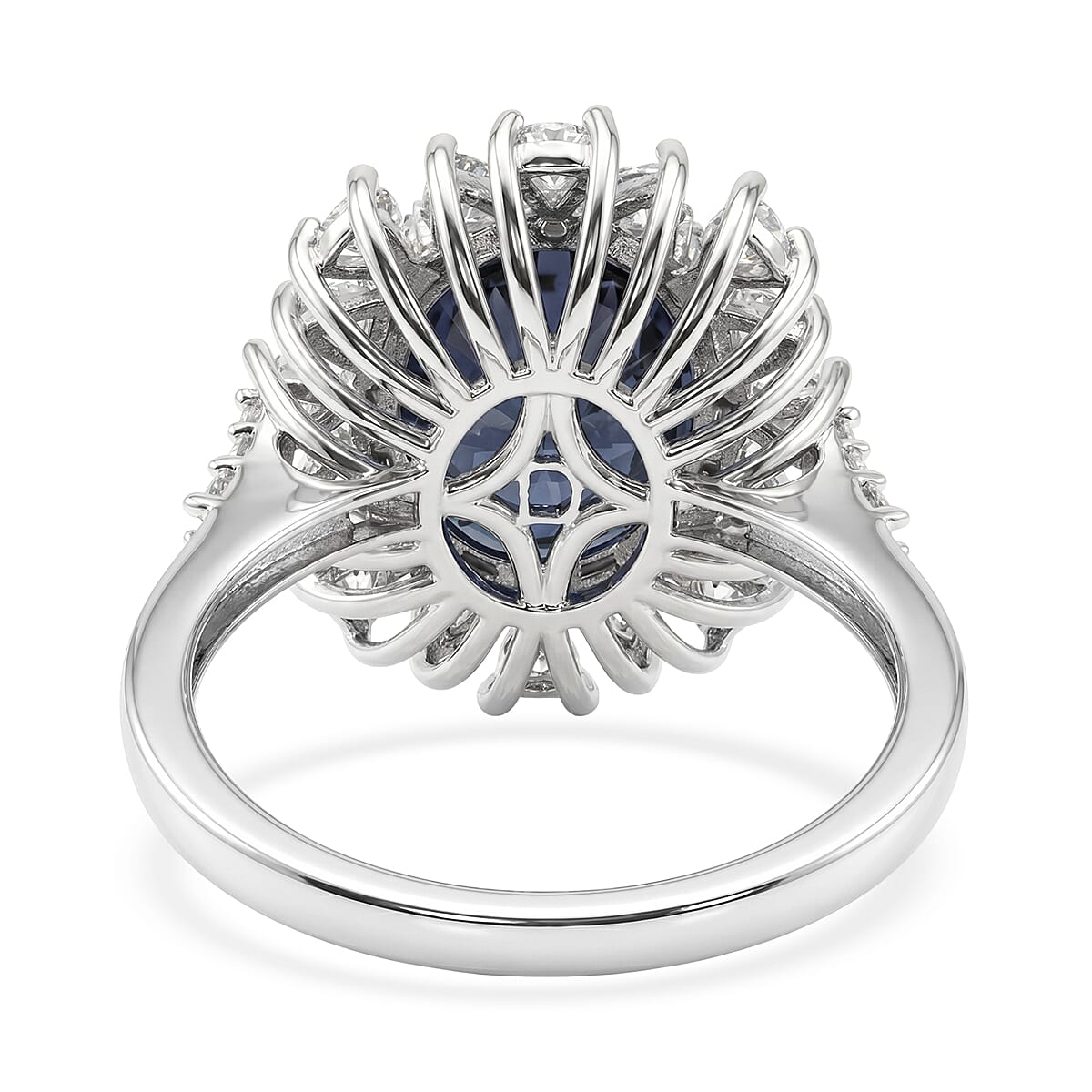 D'Joy Premium Kanchanaburi Blue Sapphire (DF) and Moissanite 8.25 ctw Sunburst Ring in Rhodium Over Sterling Silver (Size 9.0)