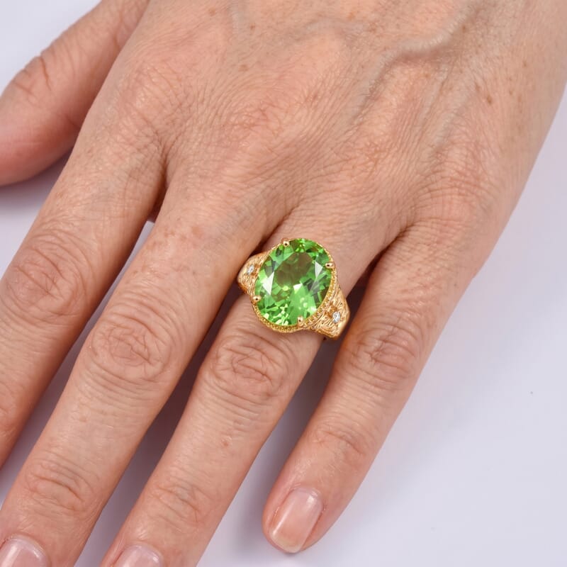 EverTrue Chartreuse Quartz (Triplet), White Zircon Golden Leaf Meadow Ring in 18K YG Plated (Size 6.0) 9.10 ctw