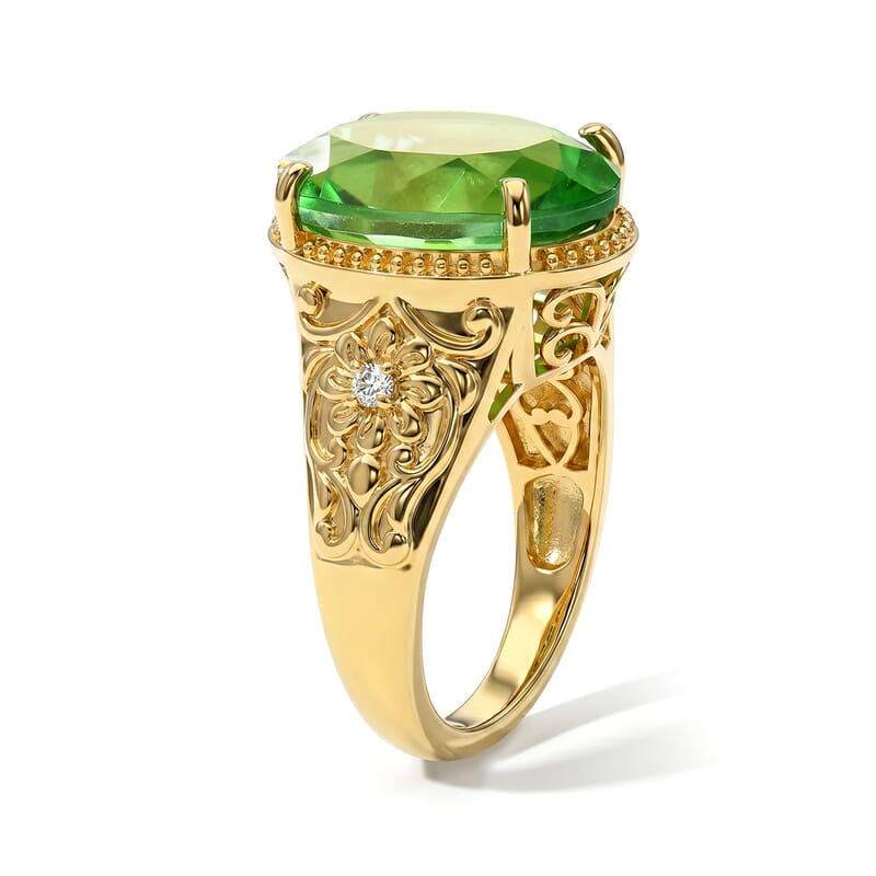 EverTrue Chartreuse Quartz (Triplet), White Zircon Golden Leaf Meadow Ring in 18K YG Plated (Size 6.0) 9.10 ctw