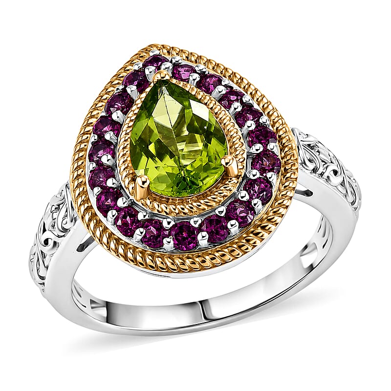 EverTrue Hebei Peridot and Orissa Rhodolite Garnet 2.90 ctw Glow Vine Ring in 18k YG Plated and Platinum Bond (Size 5.0)