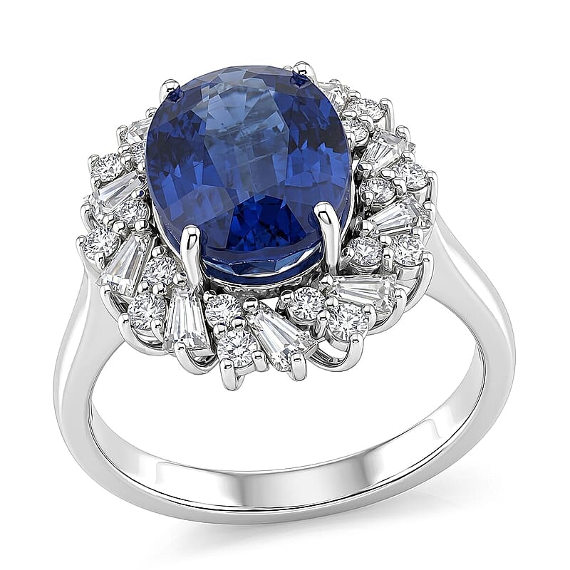 D'Joy Premium Kashmir Kyanite and Moissanite 5.50 ctw Ring in Rhodium Over Sterling Silver (Size 5.0)